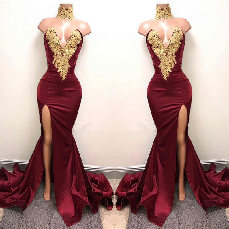 Vestidos de Baile com Fenda Frontal, Gola Alta, Cauda de Sereia, Aplicações de Renda Borgonha
