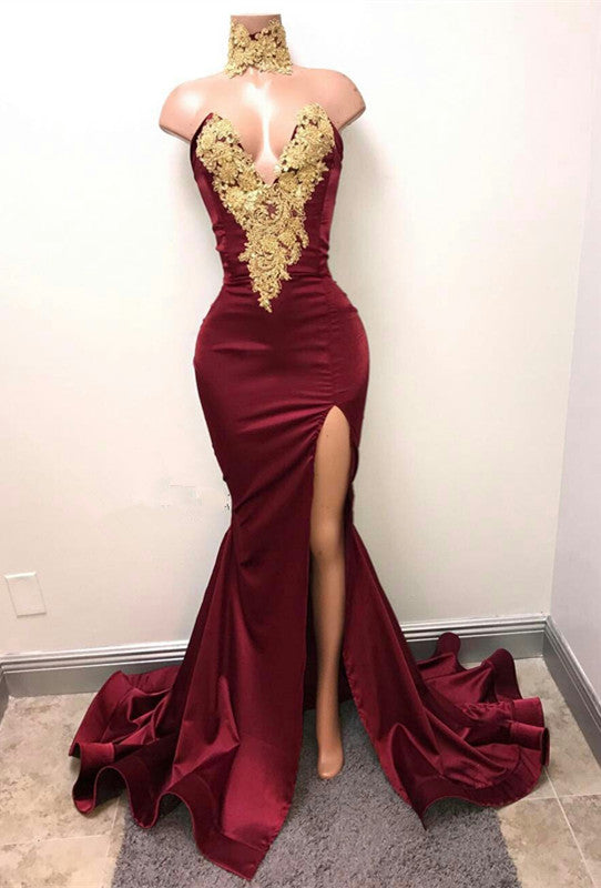 Vestidos de Baile com Fenda Frontal, Gola Alta, Cauda de Sereia, Aplicações de Renda Borgonha