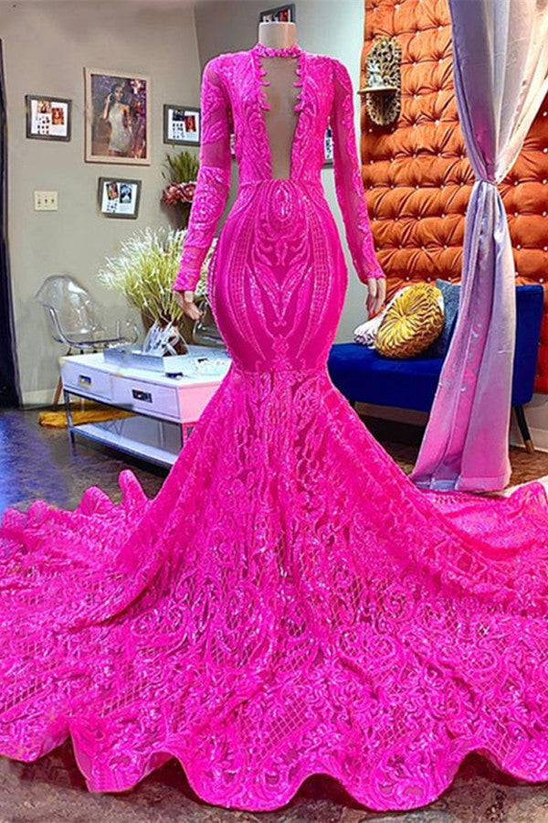 Robe de bal longue sirène fuchsia à décolleté plongeant en V, ornée de sequins, avec manches