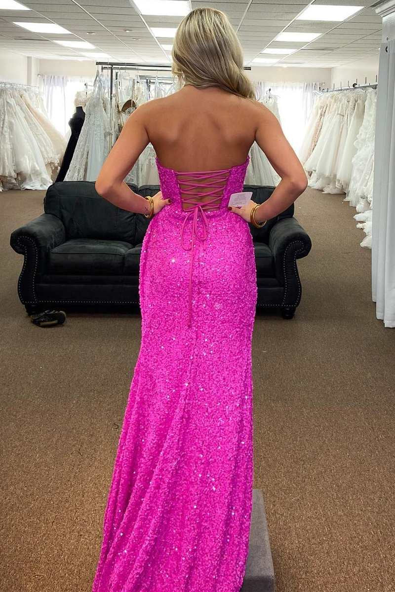 Vestido de fiesta largo de sirena sin tirantes, con lentejuelas, cordones y abertura