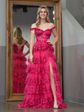 A Line Off the Shoulder Corset Prom Dress with Lace Ruffles