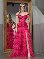 A Line Off the Shoulder Corset Prom Dress with Lace Ruffles