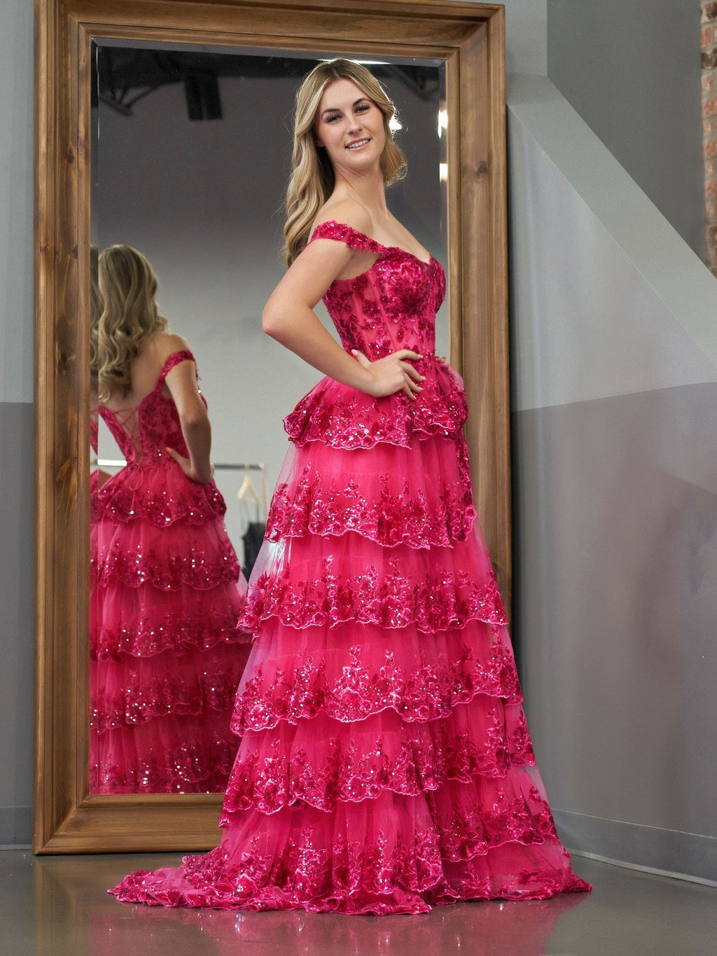 A Line Off the Shoulder Corset Prom Dress with Lace Ruffles