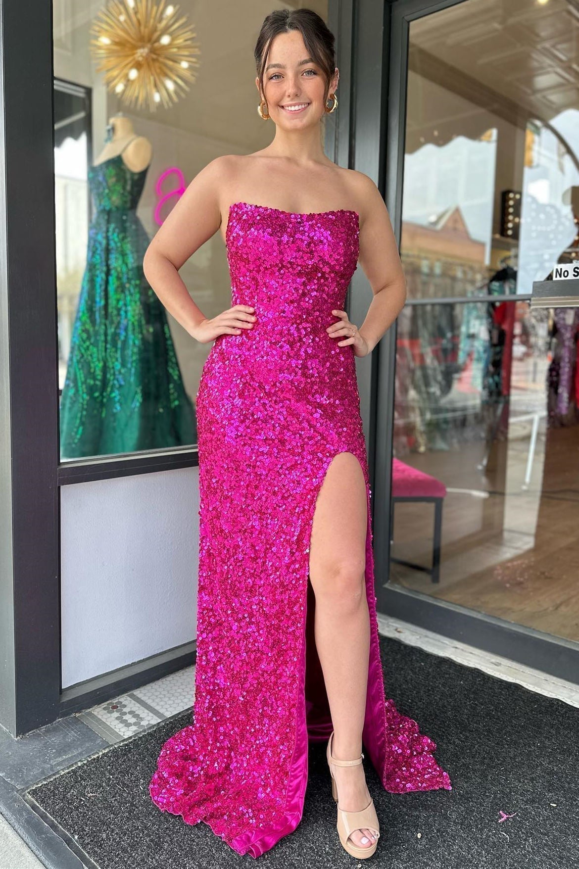 Strapless Sequins Long Prom Dress with Slit
