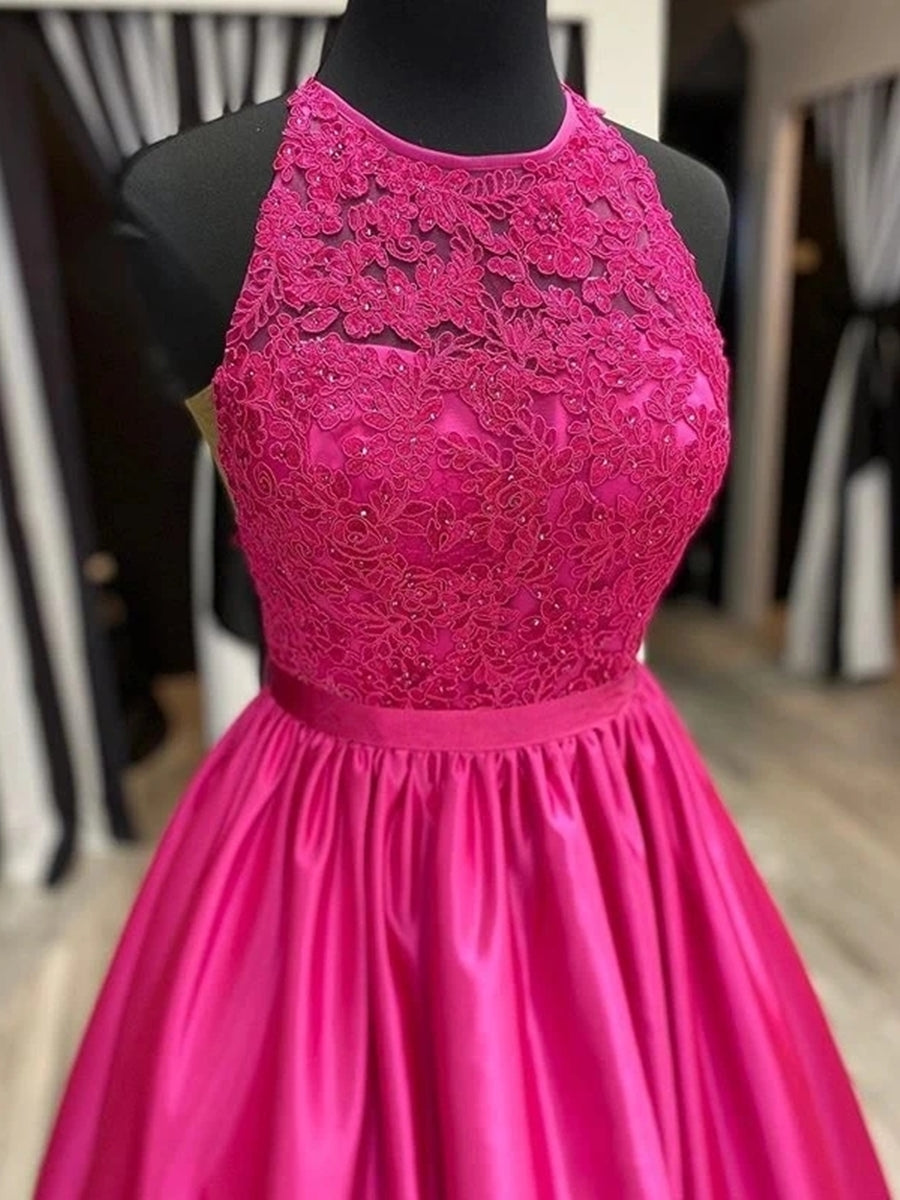 Robe de bal longue fuscia en satin et dentelle, coupe évasée, col licou