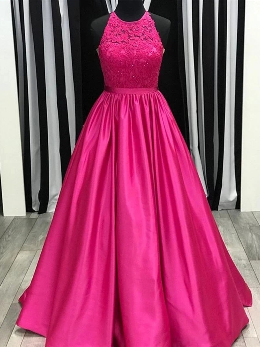 Robe de bal longue fuscia en satin et dentelle, coupe évasée, col licou