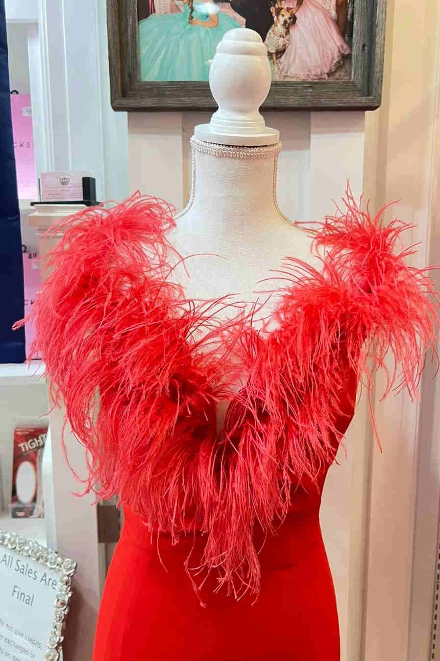 Vestido Formal Comprido Vermelho com Decote Profundo, Penas e Fenda
