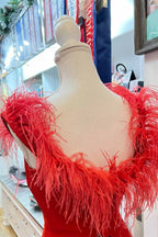 Vestido Formal Comprido Vermelho com Decote Profundo, Penas e Fenda