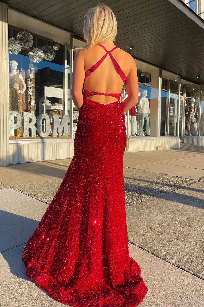 Vestido de fiesta largo con lentejuelas y borlas en color rojo