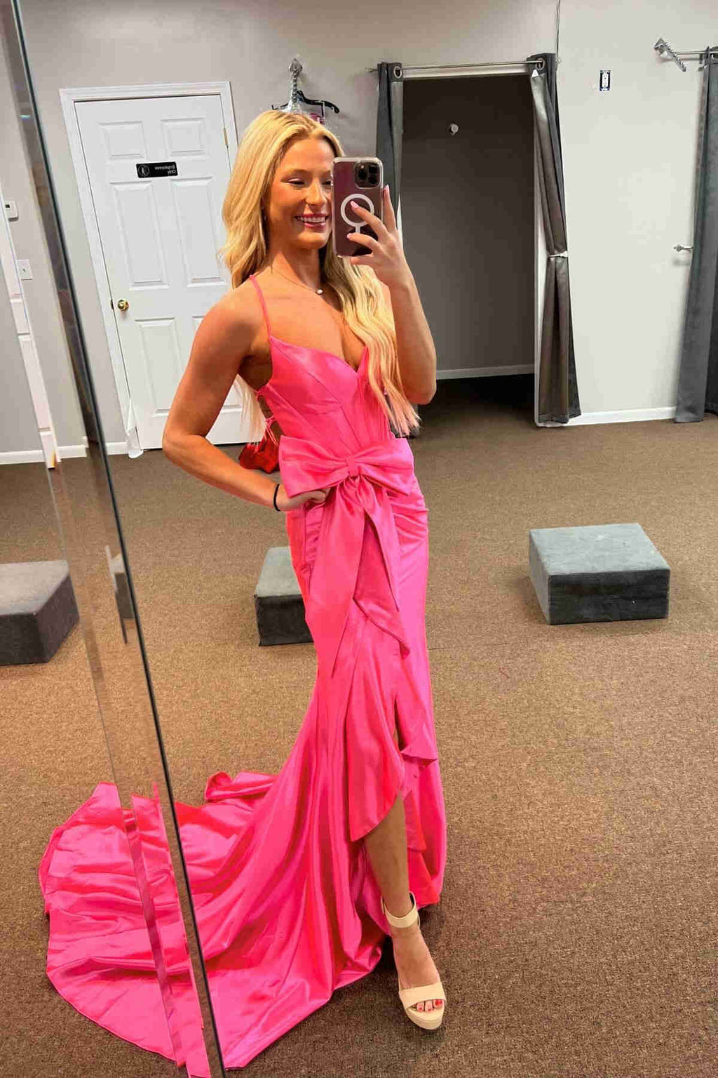Straps V-Neck Satin Mermaid Prom Dress with Bow