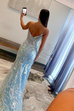 Vestido de Baile com Alças, Azul Claro, Decote em V, Apliques de Lantejoulas, Cauda de Sereia