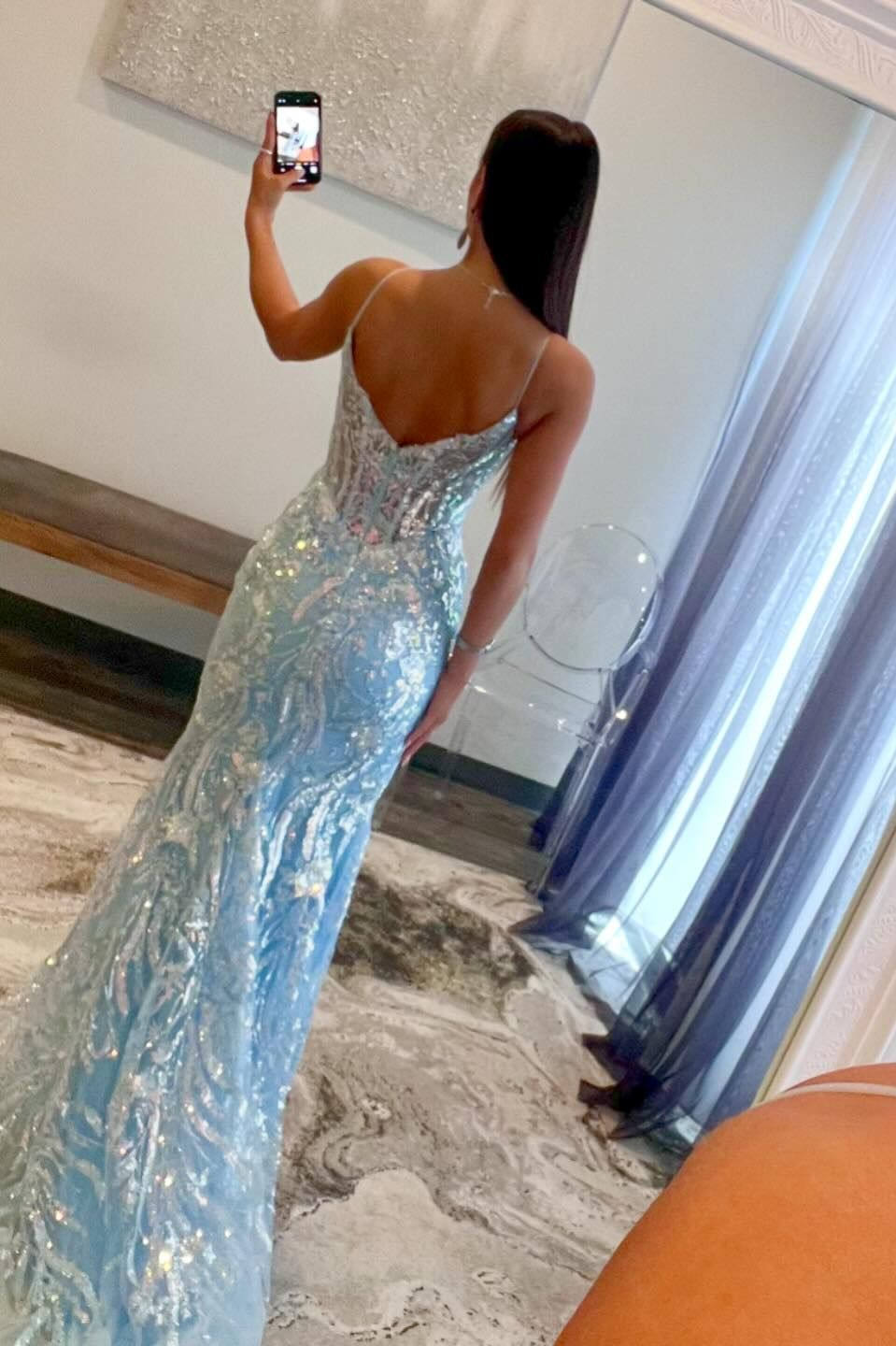 Vestido de Baile com Alças, Azul Claro, Decote em V, Apliques de Lantejoulas, Cauda de Sereia