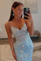 Vestido de Baile com Alças, Azul Claro, Decote em V, Apliques de Lantejoulas, Cauda de Sereia