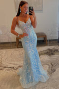 Vestido de Baile com Alças, Azul Claro, Decote em V, Apliques de Lantejoulas, Cauda de Sereia