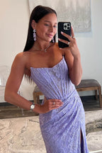 Vestido de Baile Sereia com Renda, Franzido, Sem Alças e Fenda, em Lavanda