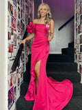 Gail | Robe longue de soirée fuchsia sirène à une épaule avec fente