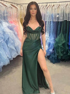 Genie | Robe longue de cérémonie sirène vert foncé avec corset transparent orné de perles