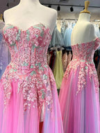 Georgia | Vestido largo de fiesta con escote corazón, encaje con apliques y falda en línea A con abertura