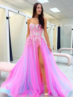 Georgia | Vestido largo de fiesta con escote corazón, encaje con apliques y falda en línea A con abertura