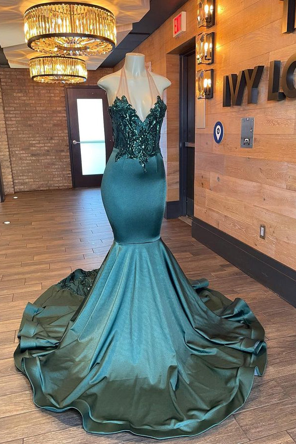 Glamorou V-neck Sleeveless Halter Mermaid Prom Dress With Beading