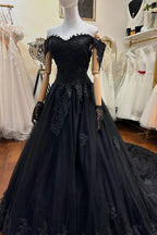 Black Off The Shoulder Sleeveless Ball Gown Wedding Dress With Beaded Appliques