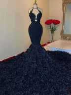 Glamorous Black V-neck Halter Appliques Sleeveless Floor-length Mermaid Prom Dresses