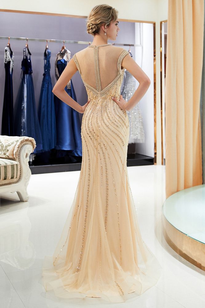 Robe de soirée sirène dorée à perles avec manches courtes élégantes