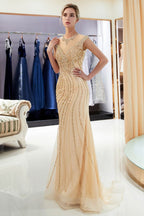 Robe de soirée sirène dorée à perles avec manches courtes élégantes
