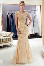 Robe de soirée sirène dorée à perles avec manches courtes élégantes
