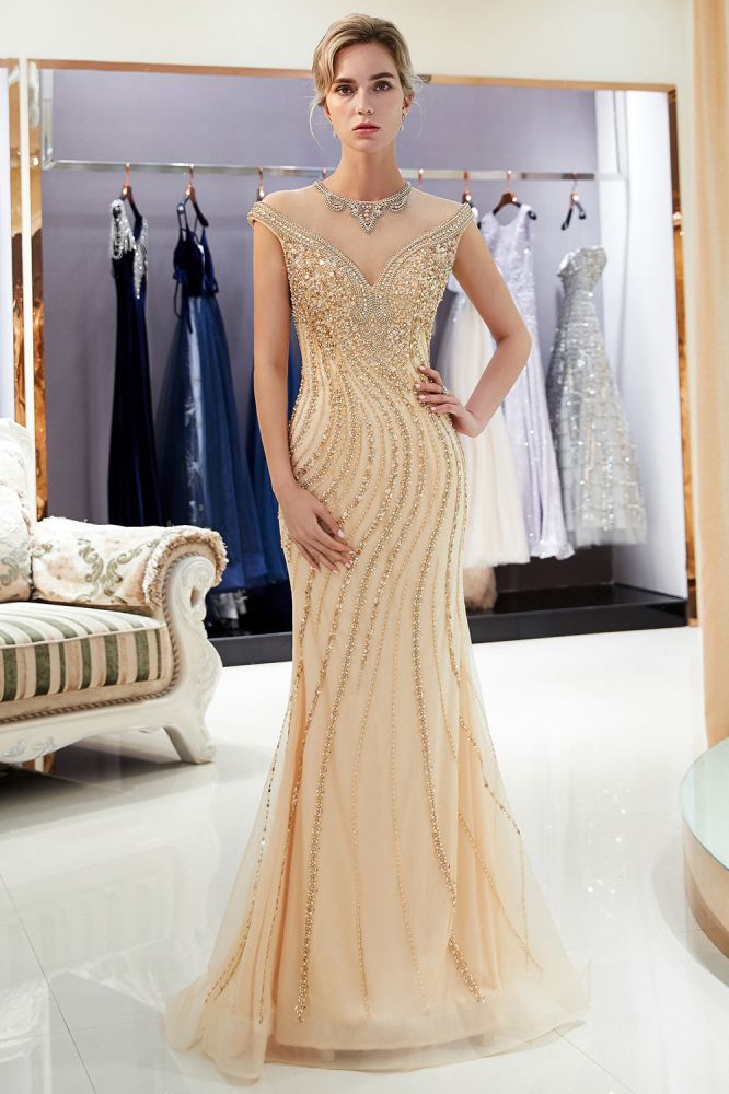 Robe de soirée sirène dorée à perles avec manches courtes élégantes