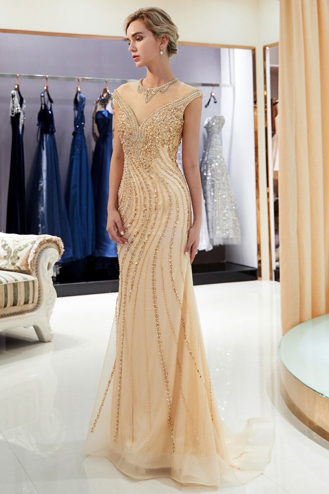 Robe de soirée sirène dorée à perles avec manches courtes élégantes