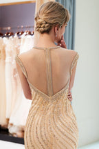 Robe de soirée sirène dorée à perles avec manches courtes élégantes