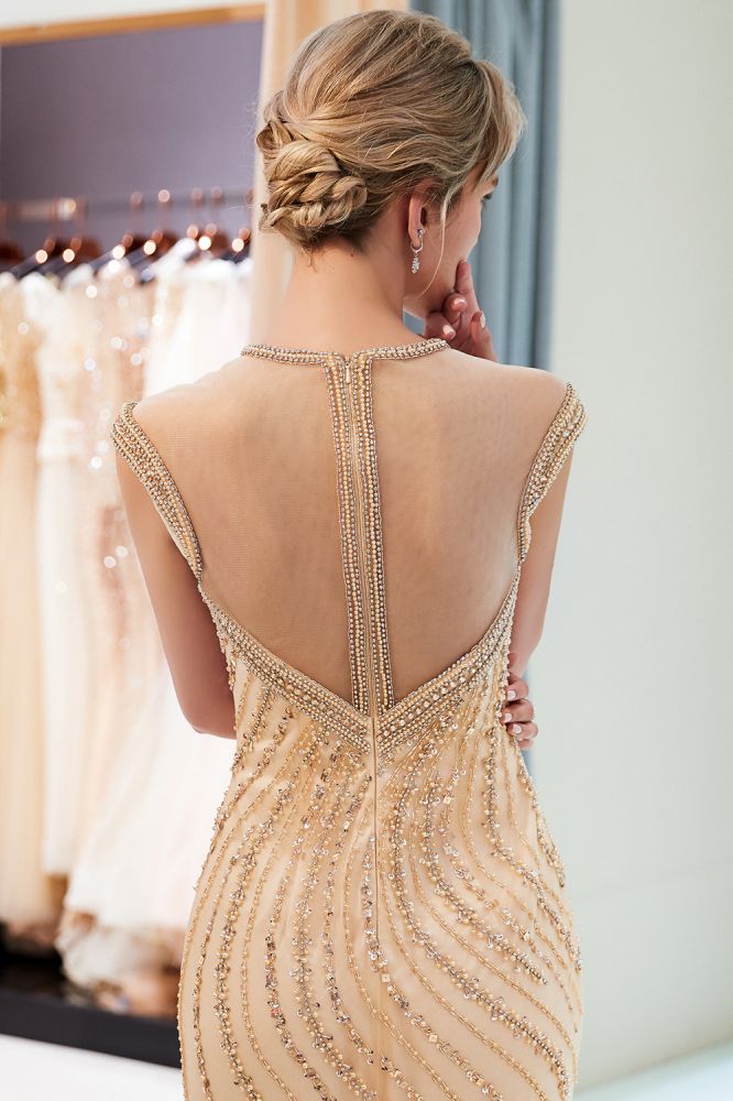 Robe de soirée sirène dorée à perles avec manches courtes élégantes