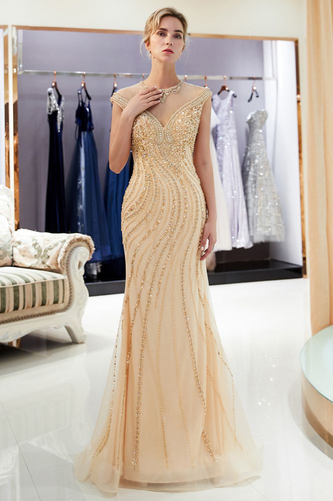 Robe de soirée sirène dorée à perles avec manches courtes élégantes