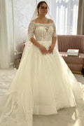 Ivory Off The Shoulder A Line Wedding Dress With Appliques And Chapel Train