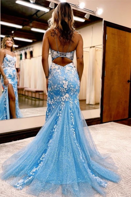 Glamorosos vestidos de fiesta largos de sirena con encaje azul brillante y sin mangas con abertura