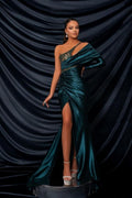Robe de bal longue verte foncée glamour à une épaule avec perles, dentelle, manches longues et fente