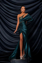 Robe de bal longue verte foncée glamour à une épaule avec perles, dentelle, manches longues et fente