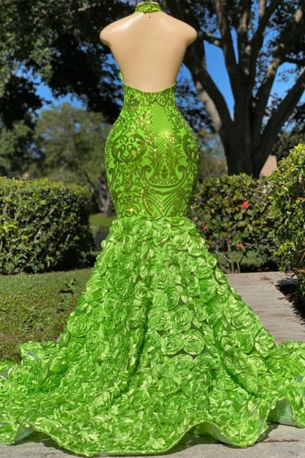 Robe de bal longue verte scintillante à col licou, fleur, sirène en satin
