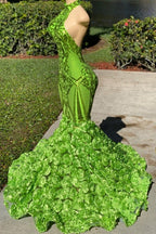 Robe de bal longue verte scintillante à col licou, fleur, sirène en satin