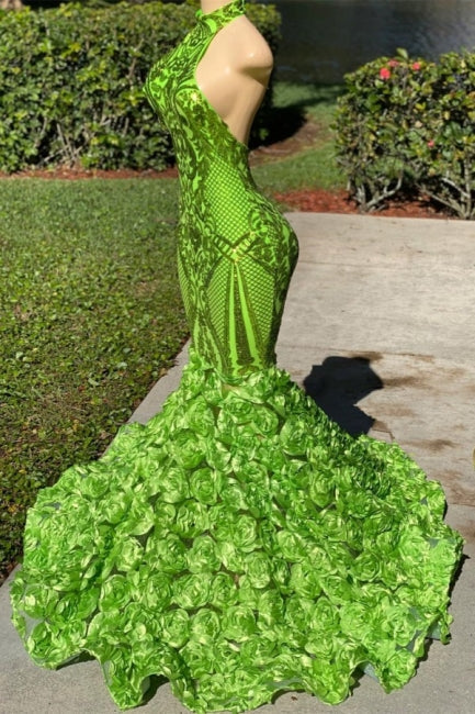 Robe de bal longue verte scintillante à col licou, fleur, sirène en satin