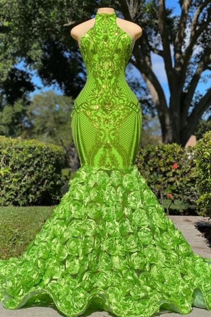 Robe de bal longue verte scintillante à col licou, fleur, sirène en satin