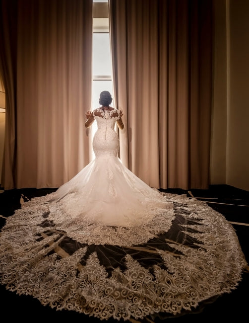Vestidos de novia glamurosos de sirena con apliques largos y mangas largas con encaje