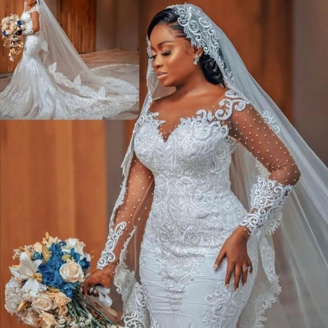 Vestidos de novia glamurosos de sirena con apliques largos y mangas largas con encaje