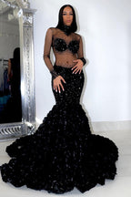 Glamorous Long Mermaid High Neck Flowers Sequined Prom Dress With Long Sleeves