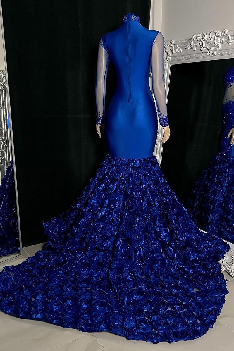 Glamorous Long Mermaid High Neck Flowers Sequined Prom Dress With Long Sleeves