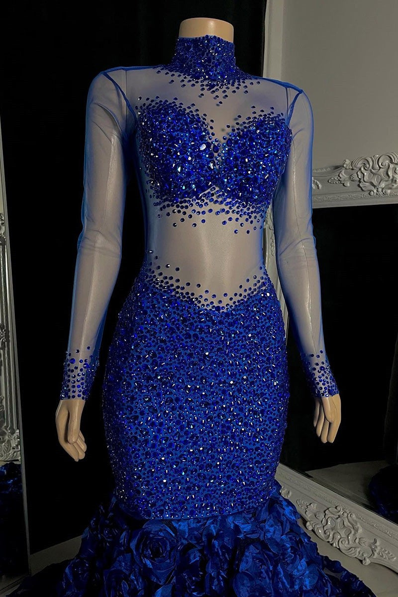 Glamorous Long Mermaid High Neck Flowers Sequined Prom Dress With Long Sleeves