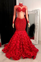 Glamorous Long Mermaid High Neck Flowers Sequined Prom Dress With Long Sleeves