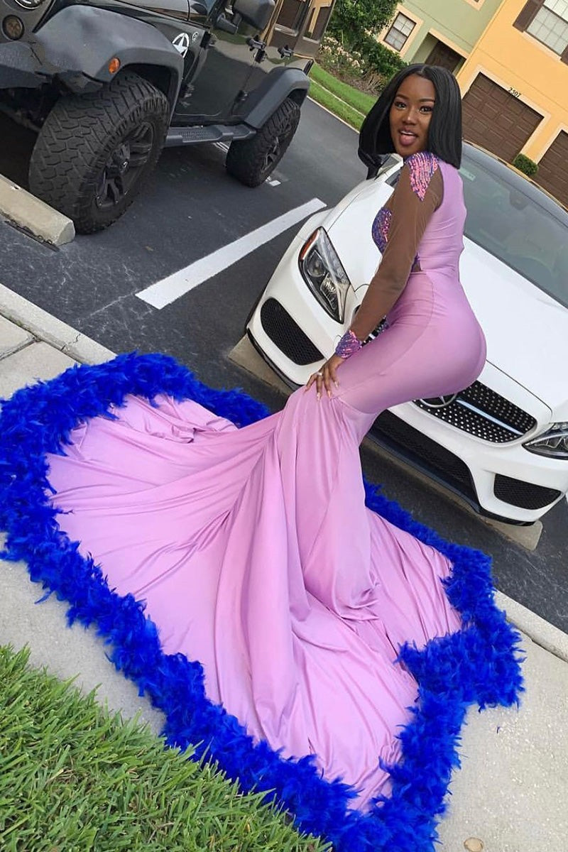 Robe de bal longue sirène en satin et dentelle avec manches longues élégante