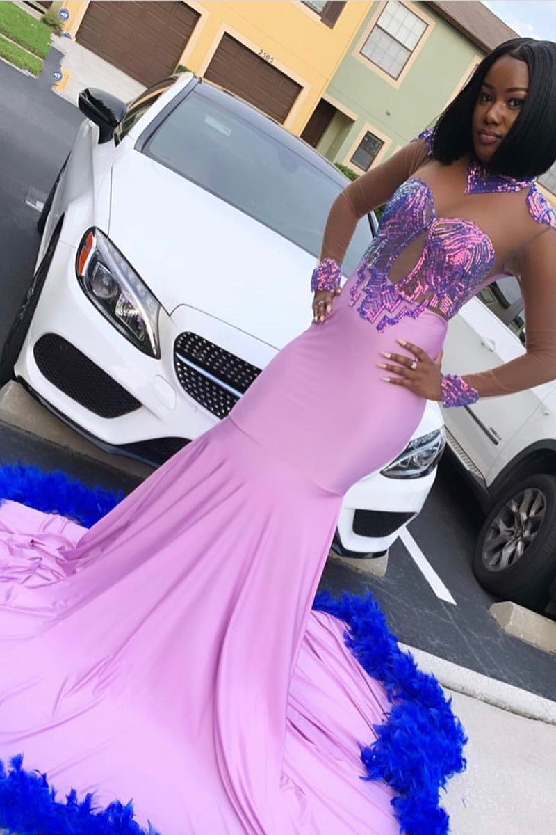Robe de bal longue sirène en satin et dentelle avec manches longues élégante